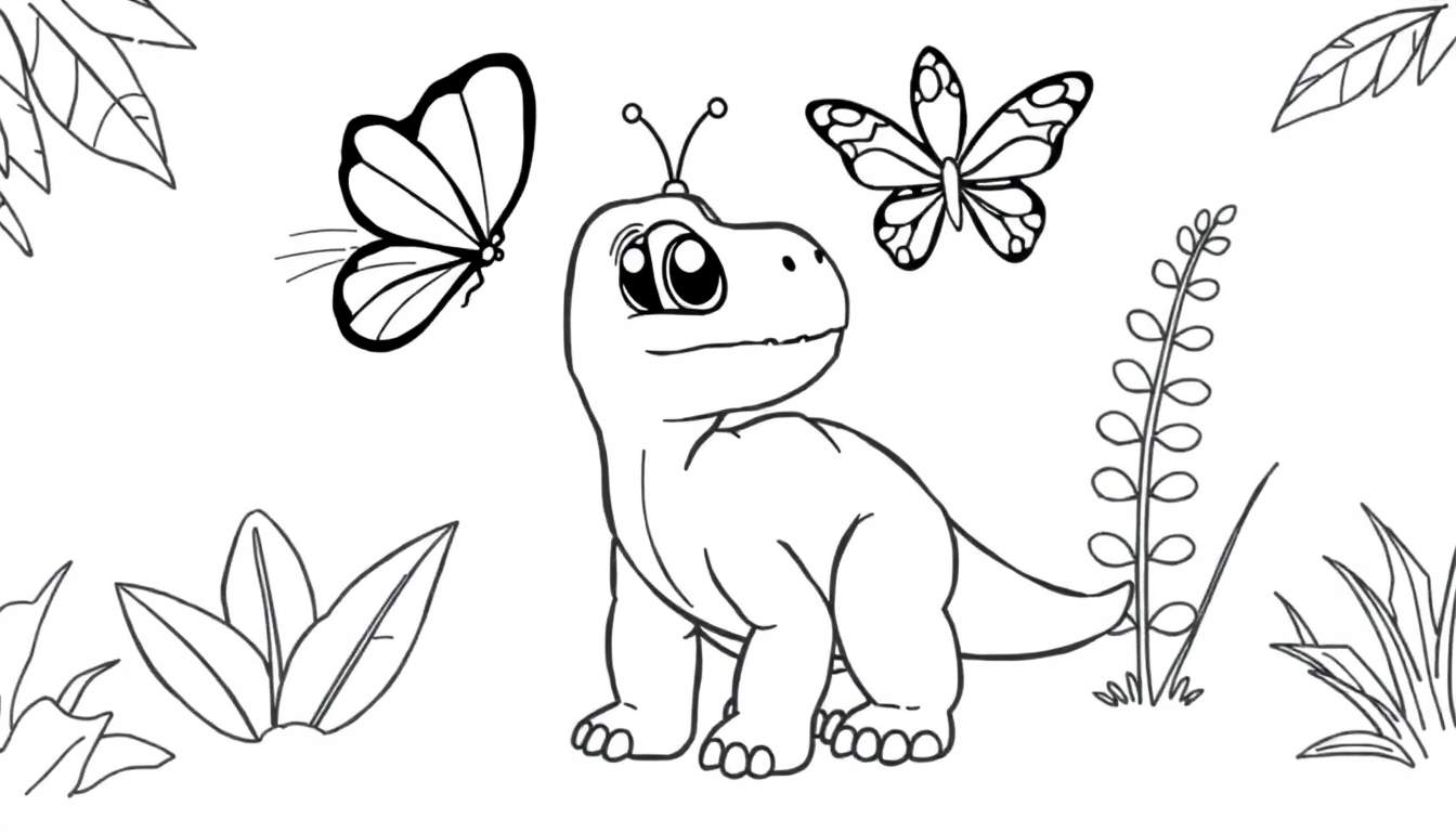 A cute baby T-Rex with butterfly wings on its head, surrounded by plants and two butterflies, in a black and white coloring panel.