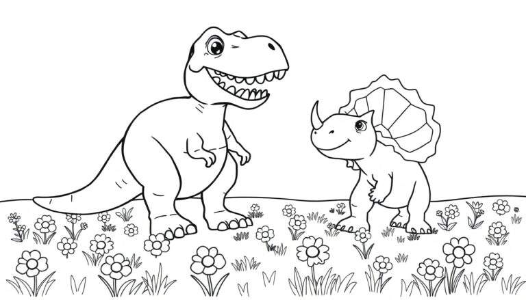 A friendly color panel featuring a T-Rex and Triceratops in a flower field.