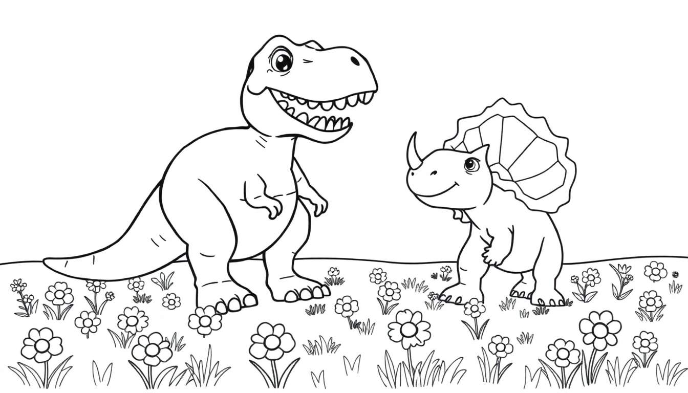 A friendly color panel featuring a T-Rex and Triceratops in a flower field.