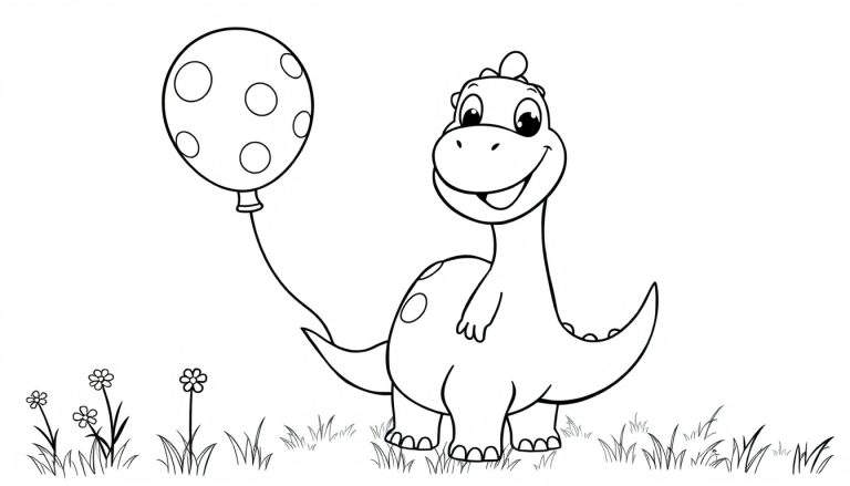 A happy cartoon dinosaur holding a polka-dotted balloon, ready for coloring in this fun color panel.