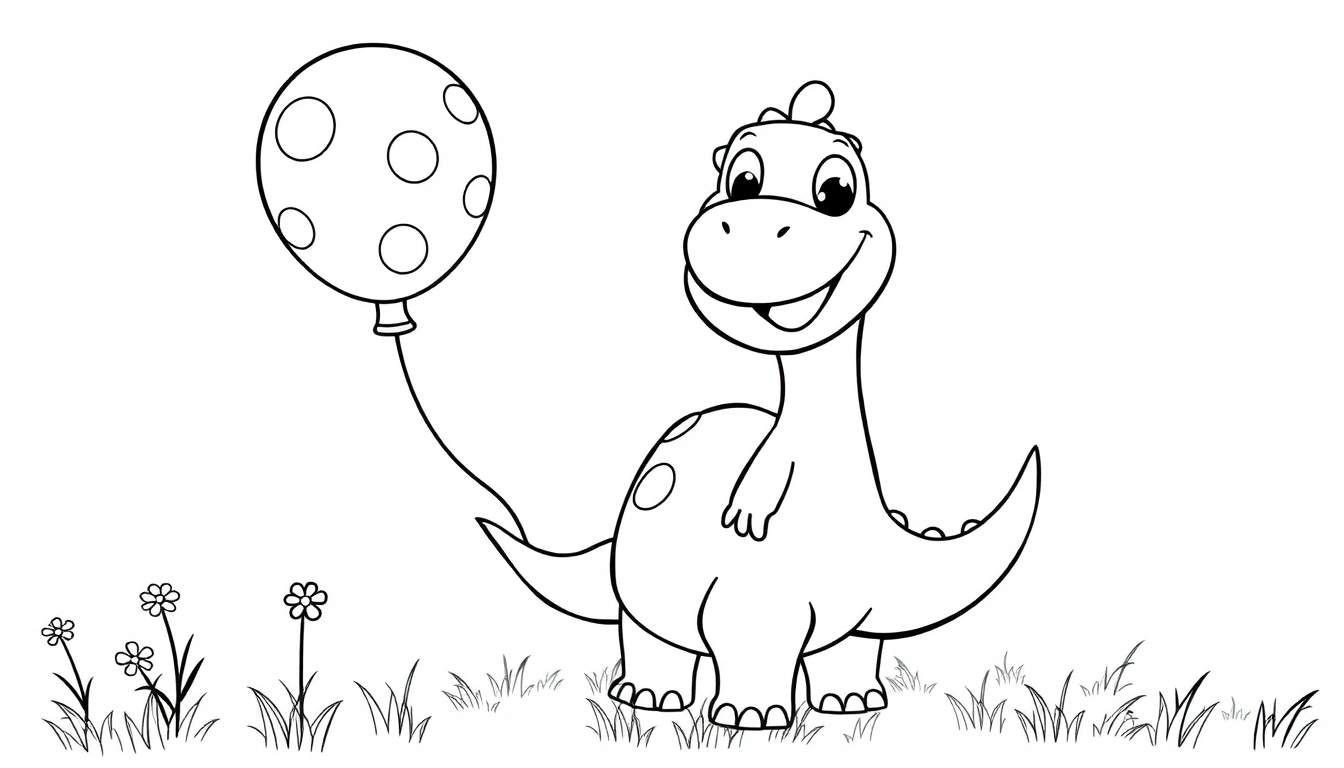 A happy cartoon dinosaur holding a polka-dotted balloon, ready for coloring in this fun color panel.