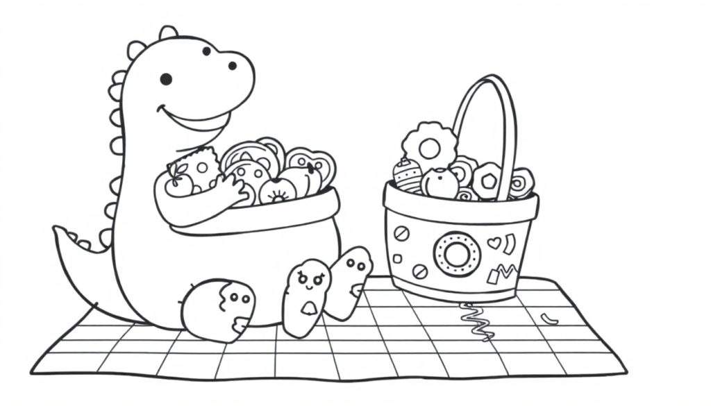 A friendly cartoon dinosaur sitting on a checkered picnic blanket, holding a bowl of treats, as part of a color panel.