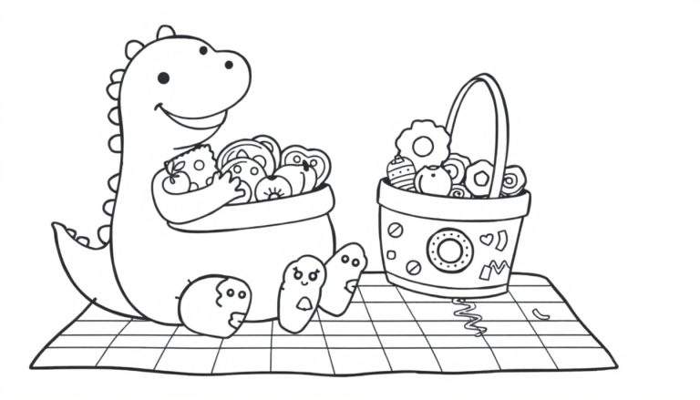 A friendly cartoon dinosaur sitting on a checkered picnic blanket, holding a bowl of treats, as part of a color panel.