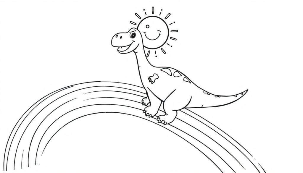 A happy Tyrannosaurus Rex dinosaur riding a colorful rainbow, with a beaming sun smiling down.