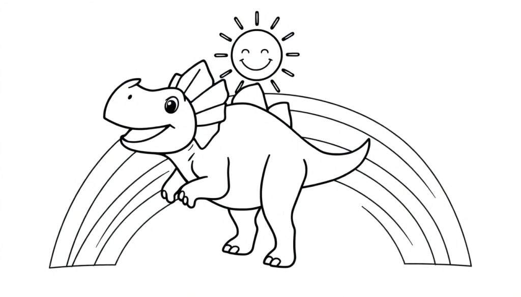A friendly green dinosaur riding on a vibrant rainbow, with a cheerful, smiling sun shining above them.