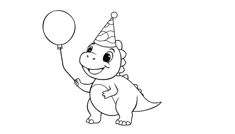 A happy dinosaur in a party hat holding a balloon, a fun color panel for kids.