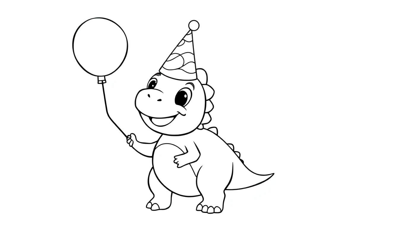 A happy dinosaur in a party hat holding a balloon, a fun color panel for kids.