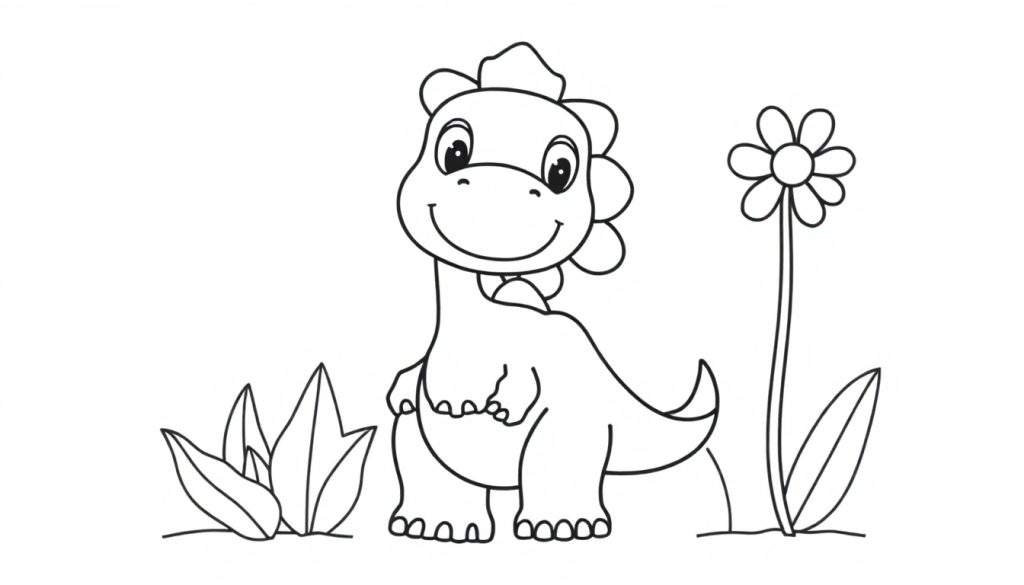 A cute dinosaur coloring panel with a friendly face and a flower.