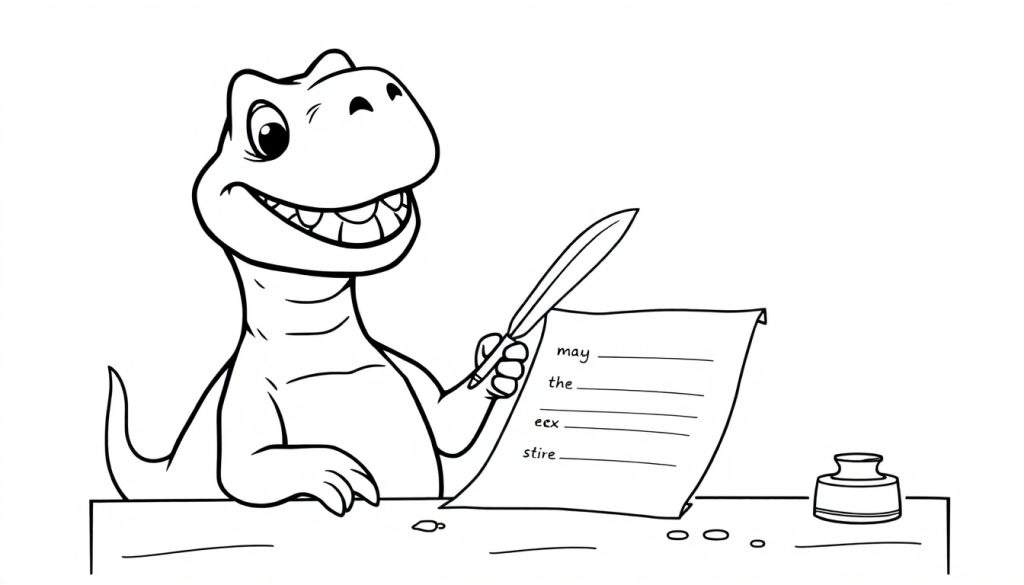 A happy dinosaur writing with a quill on a color panel.