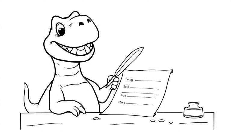 A happy dinosaur writing with a quill on a color panel.