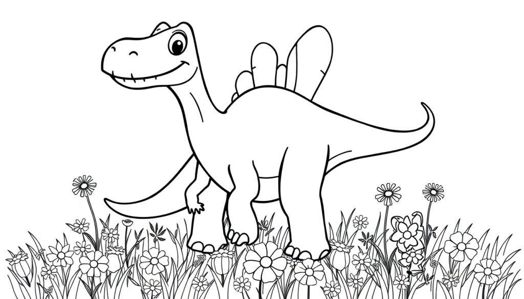 A friendly Diplodocus ready for coloring in a field of flowers, a fun color panel.