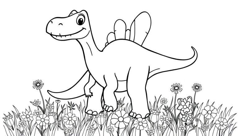 A friendly Diplodocus ready for coloring in a field of flowers, a fun color panel.