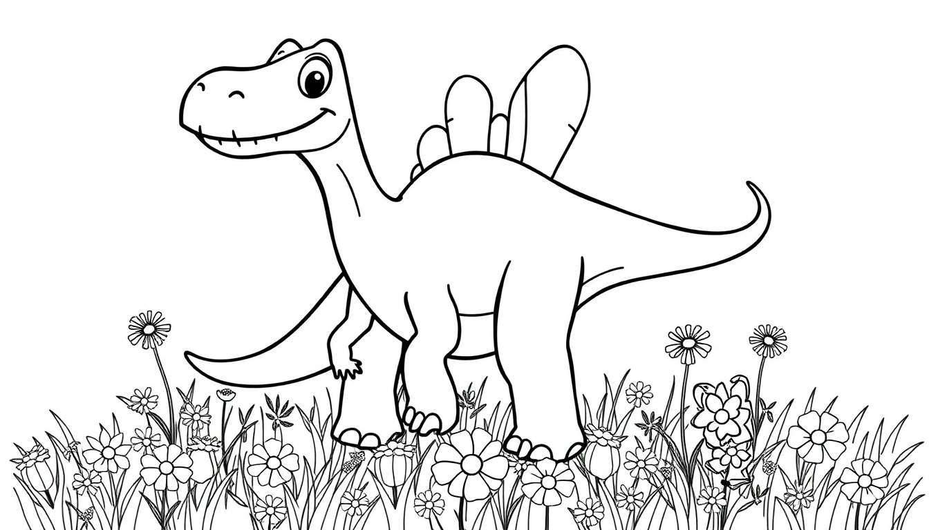 A friendly Diplodocus ready for coloring in a field of flowers, a fun color panel.