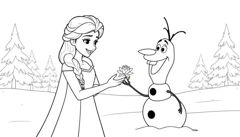 A coloring page of Disney Princess Elsa with a snowflake background.