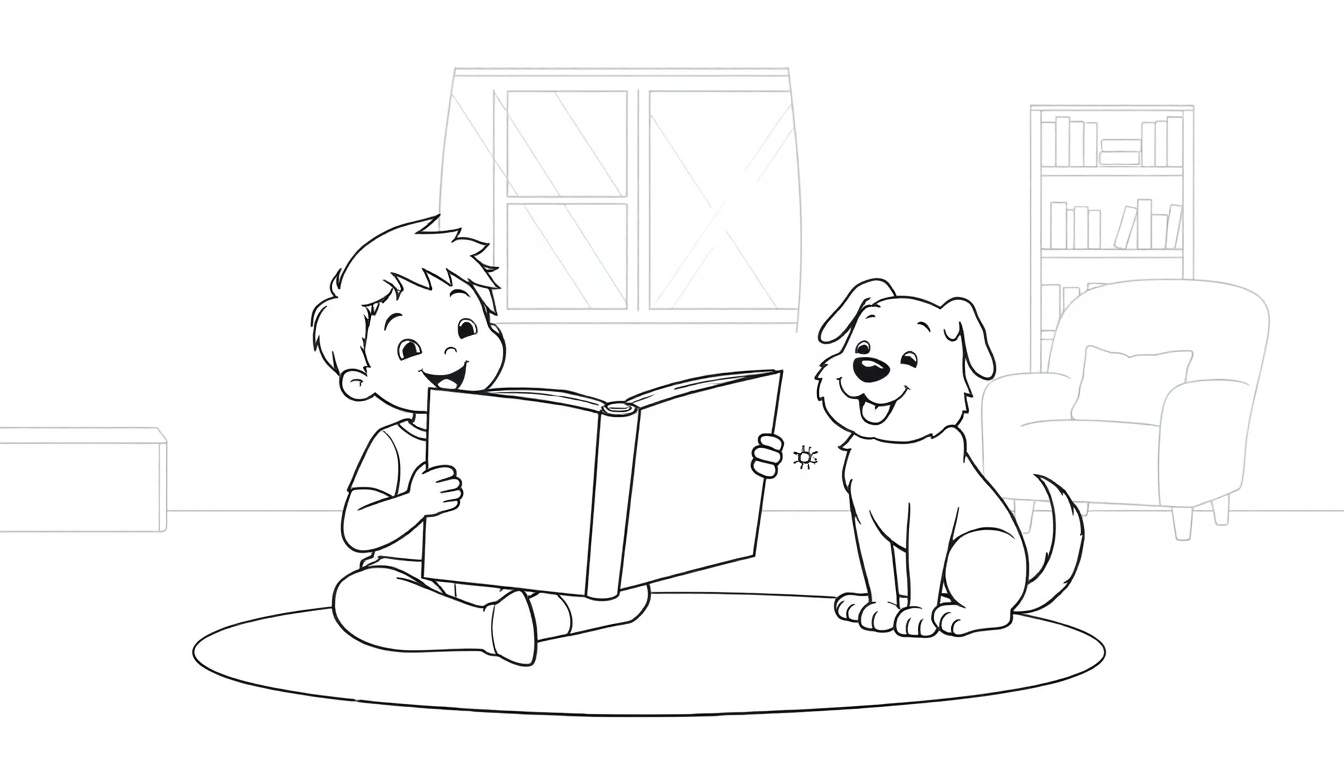 A black and white coloring page of a dog and child reading, a fun color panel.