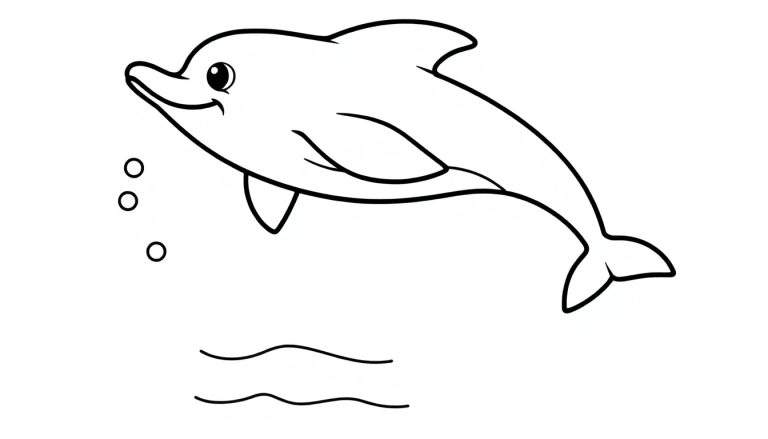 A cute dolphin in a black and white color panel, ready to be colored.