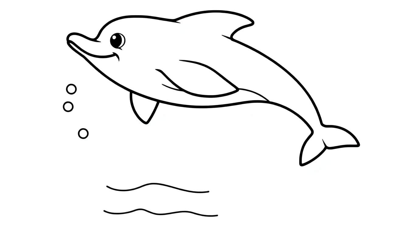 A cute dolphin in a black and white color panel, ready to be colored.