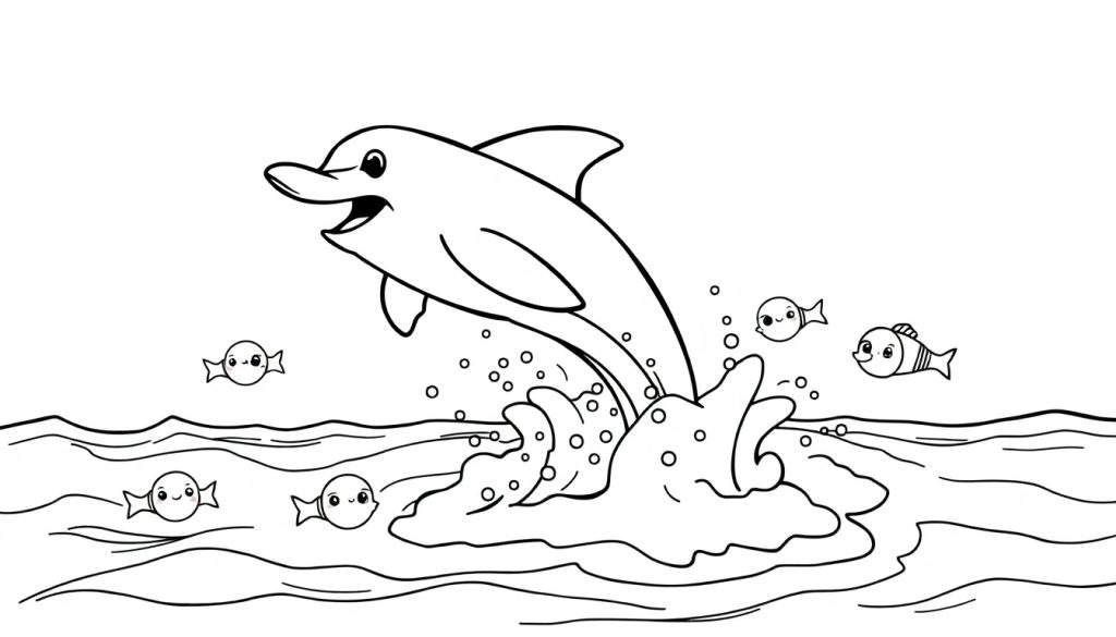 A black and white cartoon dolphin is joyfully leaping from the water, surrounded by splashing waves and tiny smiling fish, perfect for a coloring panel.
