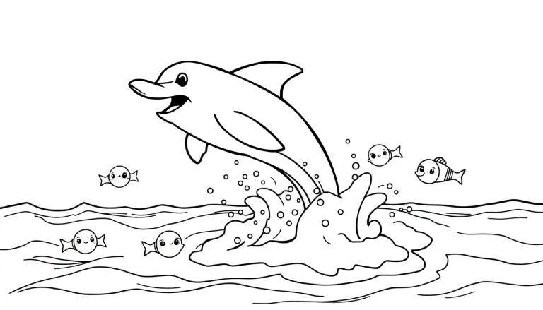 A black and white cartoon dolphin is joyfully leaping from the water, surrounded by splashing waves and tiny smiling fish, perfect for a coloring panel.