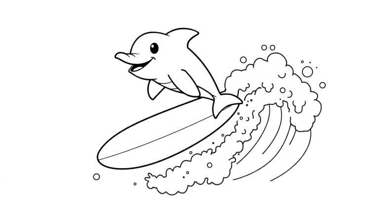 A smiling dolphin surfing on a wave, part of a black and white color panel.
