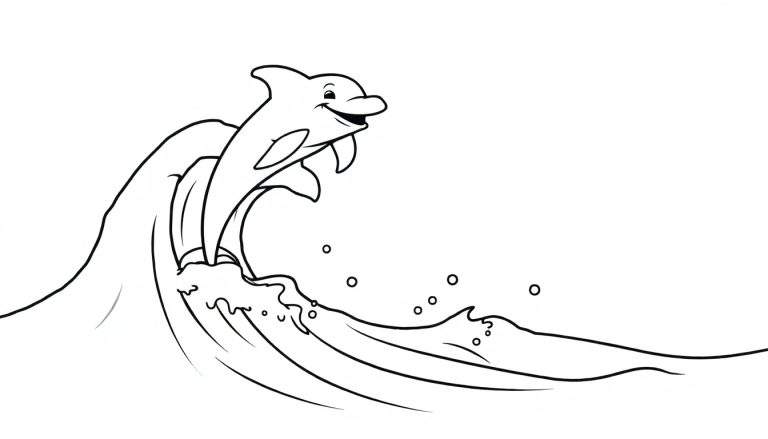 A simple black and white illustration of a happy dolphin leaping from a wave, perfect for a color panel.