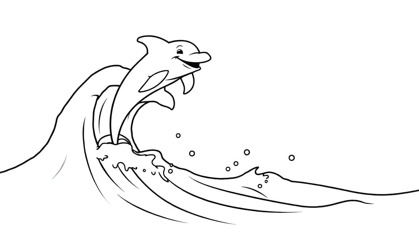 A simple black and white illustration of a happy dolphin leaping from a wave, perfect for a color panel.