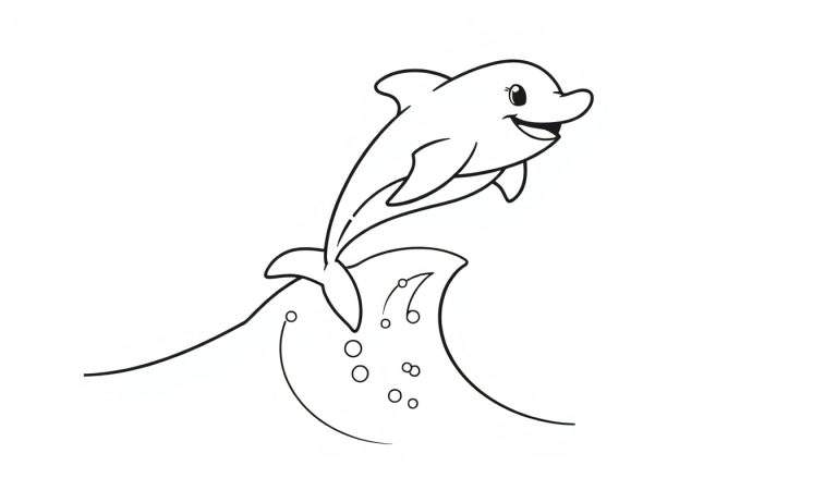 A happy cartoon dolphin leaping out of a wave, with bubbles, in a black and white line drawing for a color panel.