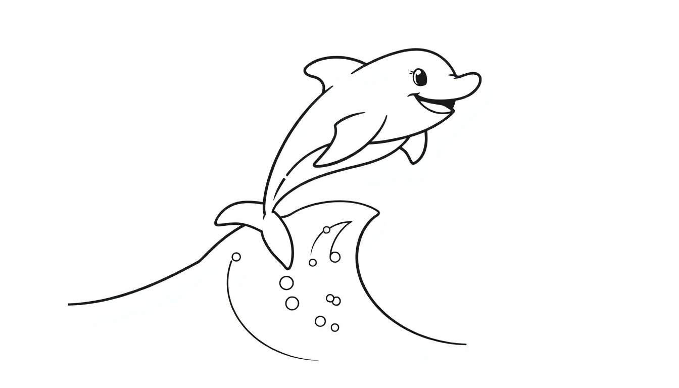 A happy cartoon dolphin leaping out of a wave, with bubbles, in a black and white line drawing for a color panel.