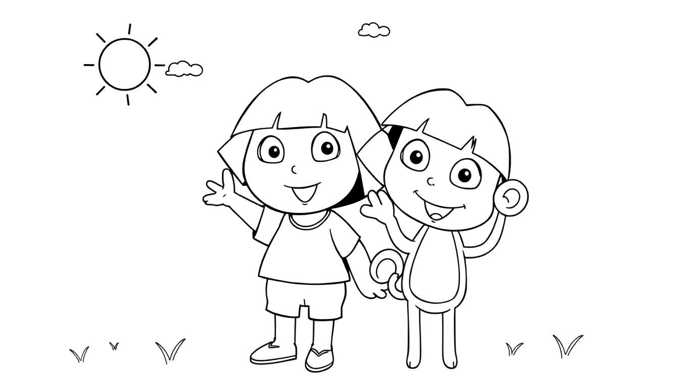 A black and white coloring panel of Dora the Explorer and Boots waving hello.