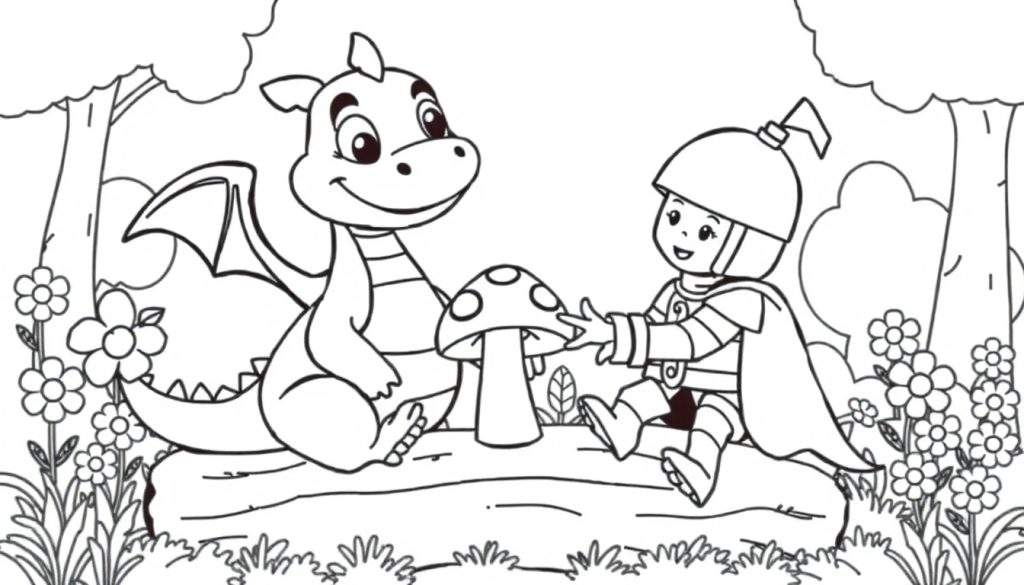 Black and white cartoon of a friendly dragon and knight on a log in a forest, a color panel for kids.