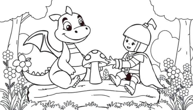 Black and white cartoon of a friendly dragon and knight on a log in a forest, a color panel for kids.