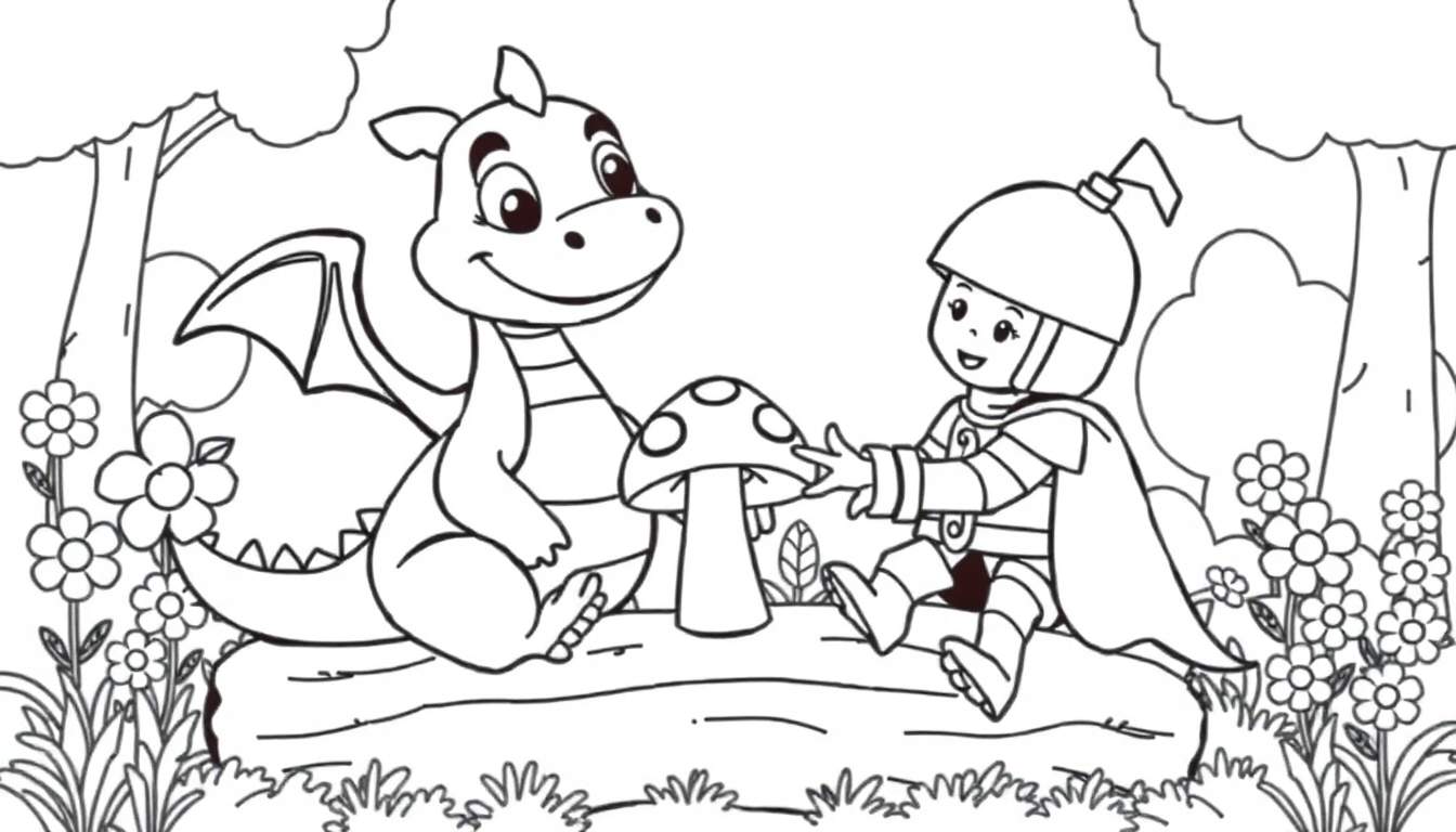 Black and white cartoon of a friendly dragon and knight on a log in a forest, a color panel for kids.