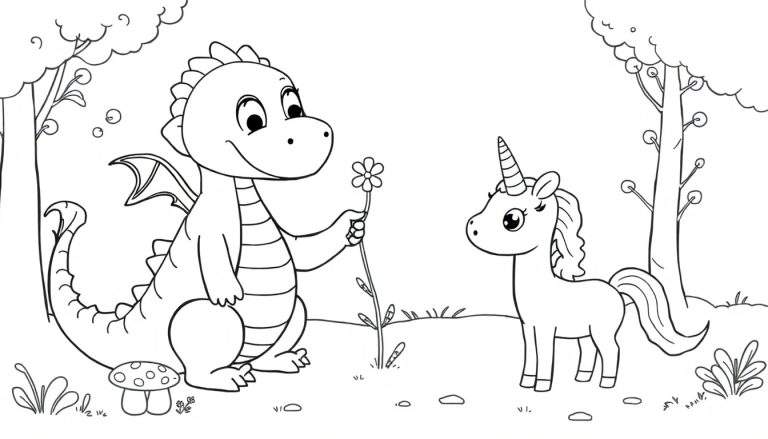 A friendly dragon and unicorn in a black and white coloring panel, with the dragon offering a flower.