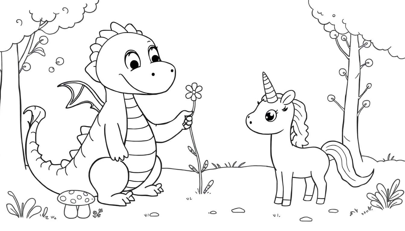 A friendly dragon and unicorn in a black and white coloring panel, with the dragon offering a flower.