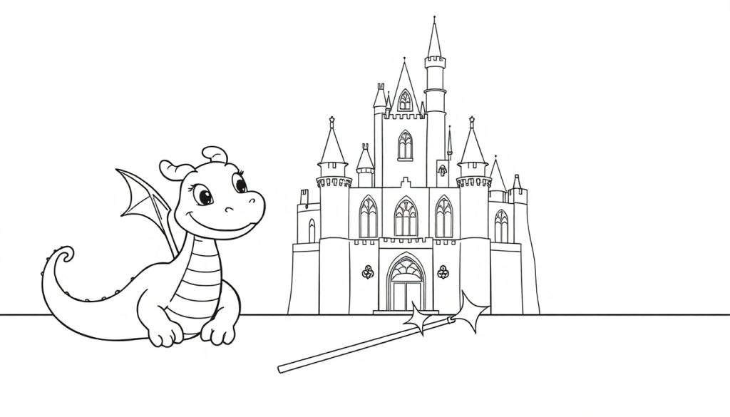 A cute baby dragon and a castle on a color panel.