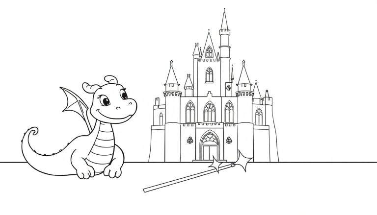 A cute baby dragon and a castle on a color panel.