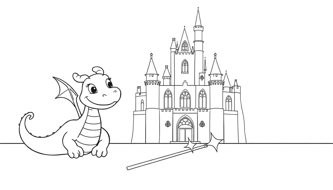A cute baby dragon and a castle on a color panel.