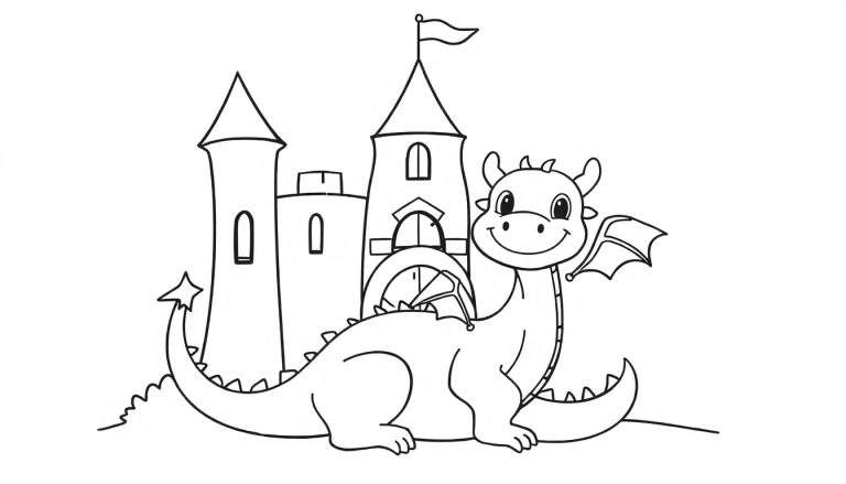 A friendly dragon sitting in front of a castle, ready for coloring in this color panel.