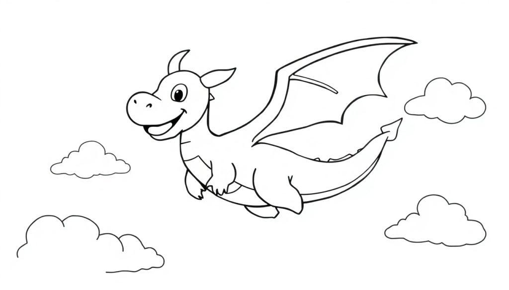A happy cartoon dragon flying through fluffy clouds, ready for coloring fun!