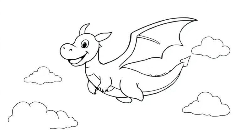 A happy cartoon dragon flying through fluffy clouds, ready for coloring fun!