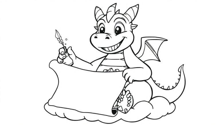 A black and white cartoon dragon sitting on a cloud, holding a quill and a scroll, ready to write. This coloring panel is a delight for young artists!