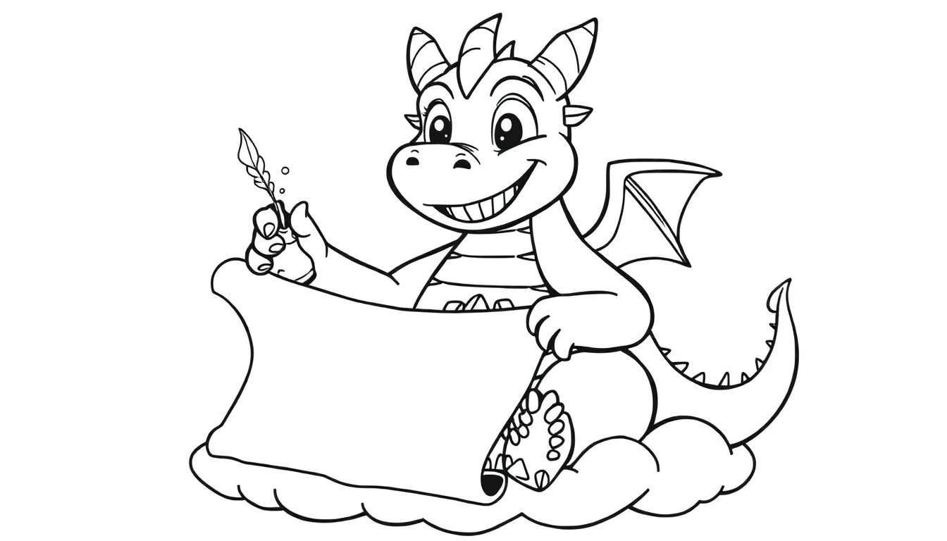A black and white cartoon dragon sitting on a cloud, holding a quill and a scroll, ready to write. This coloring panel is a delight for young artists!