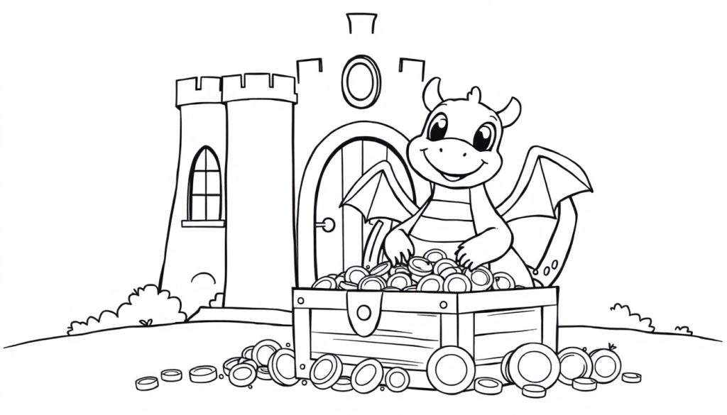 A friendly cartoon dragon sits on a treasure chest full of gold coins in front of a castle, ready for coloring. Color panel.