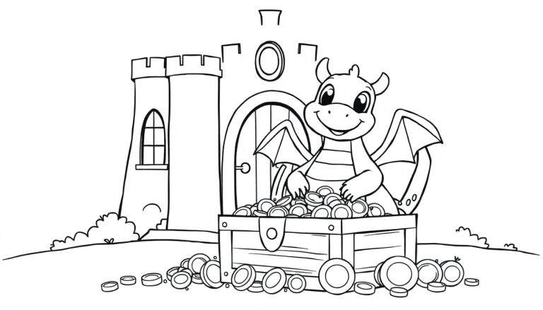 A friendly cartoon dragon sits on a treasure chest full of gold coins in front of a castle, ready for coloring. Color panel.