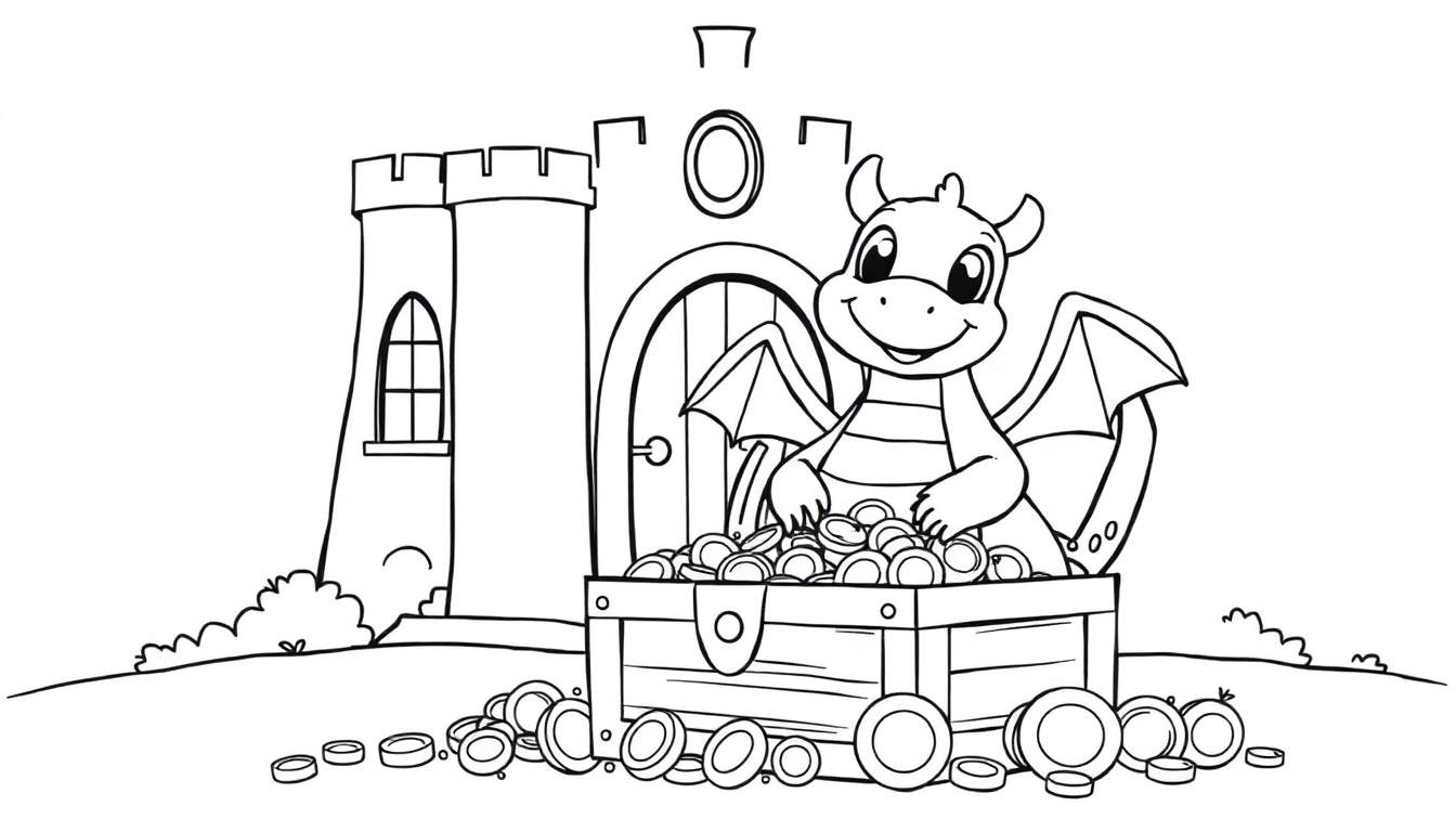 A friendly cartoon dragon sits on a treasure chest full of gold coins in front of a castle, ready for coloring. Color panel.