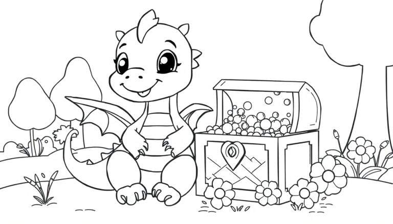 A cute dragon coloring page with a treasure chest.