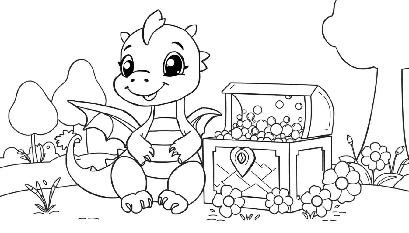 A cute dragon coloring page with a treasure chest.