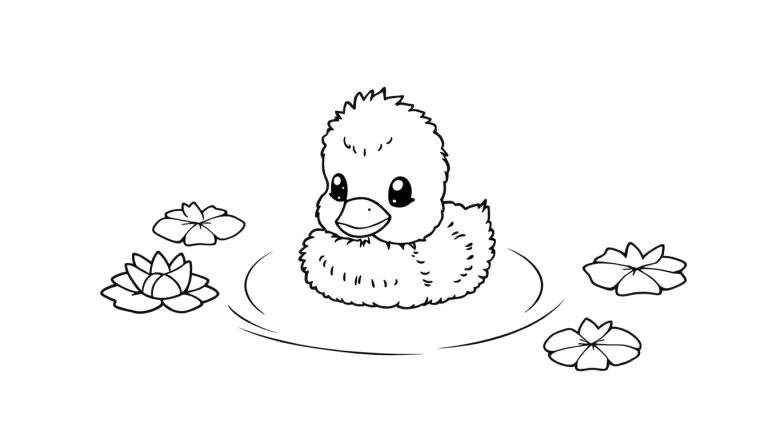 A cute duckling coloring panel swimming on a pond.