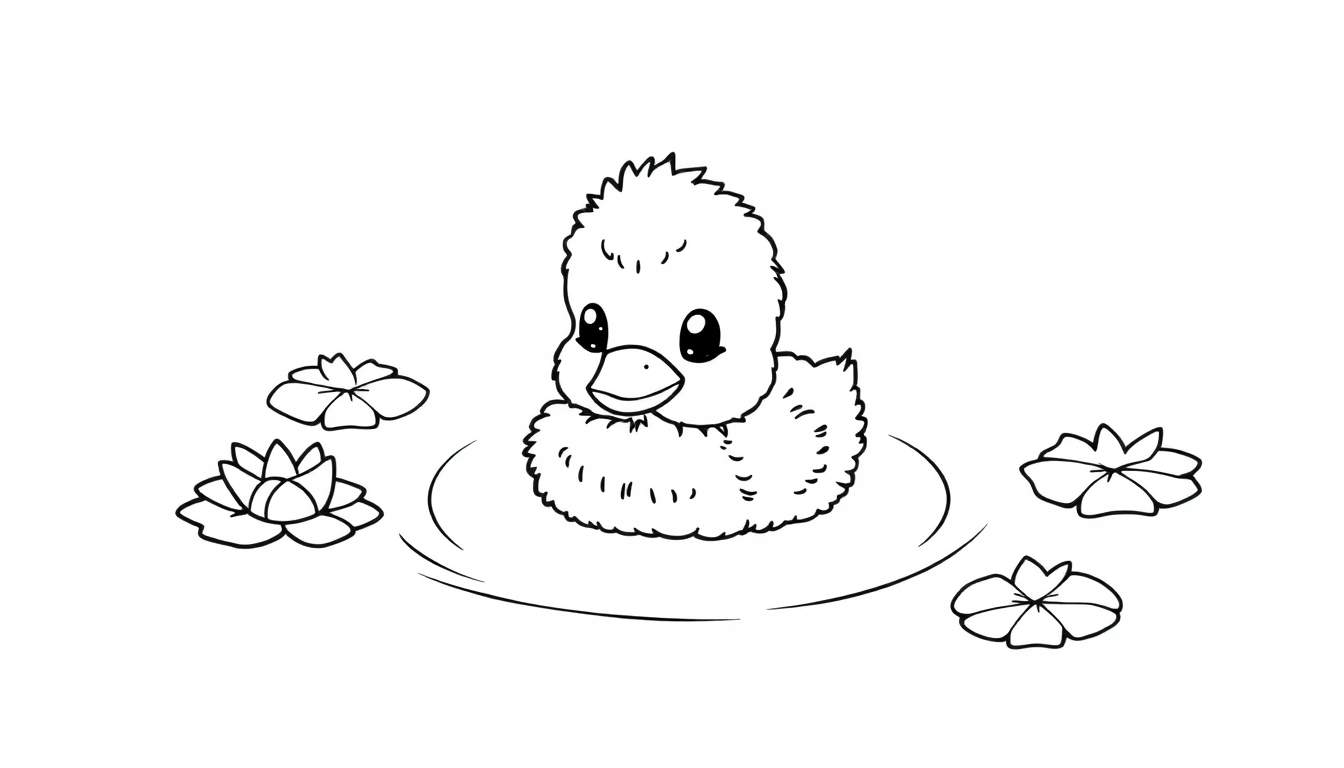 A cute duckling coloring panel swimming on a pond.