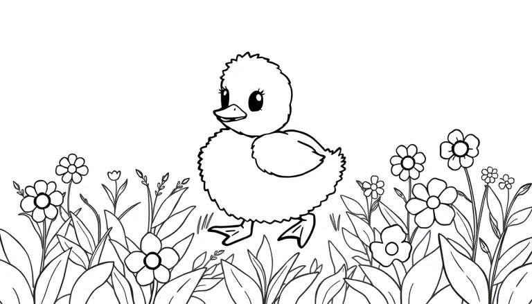 A cute duckling in a flower field color panel.